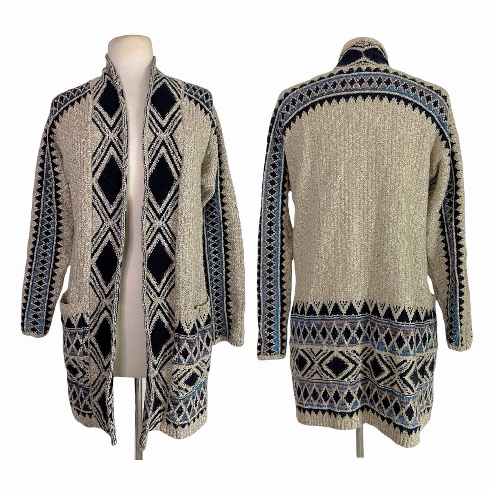 Lucky Brand Southwestern Duster Cardigan Open Knit Aztec Boho Sweater XS